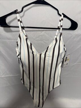 SOLID & STRIPED Striped One-Piece Swimsuit - White, Brown, Light Blue